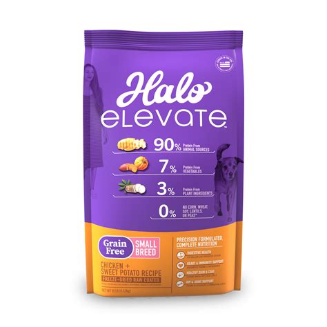 Halo elevate dog food - Formulated with 90% or more of the protein coming from animal sources, Halo Elevate is a great way to fuel your dog's active lifestyle and provide the strength and energy they need. - Precision formulated, complete nutrition with recipe transparency you can see and trust. - 90% of protein from animal sources for strength and energy.